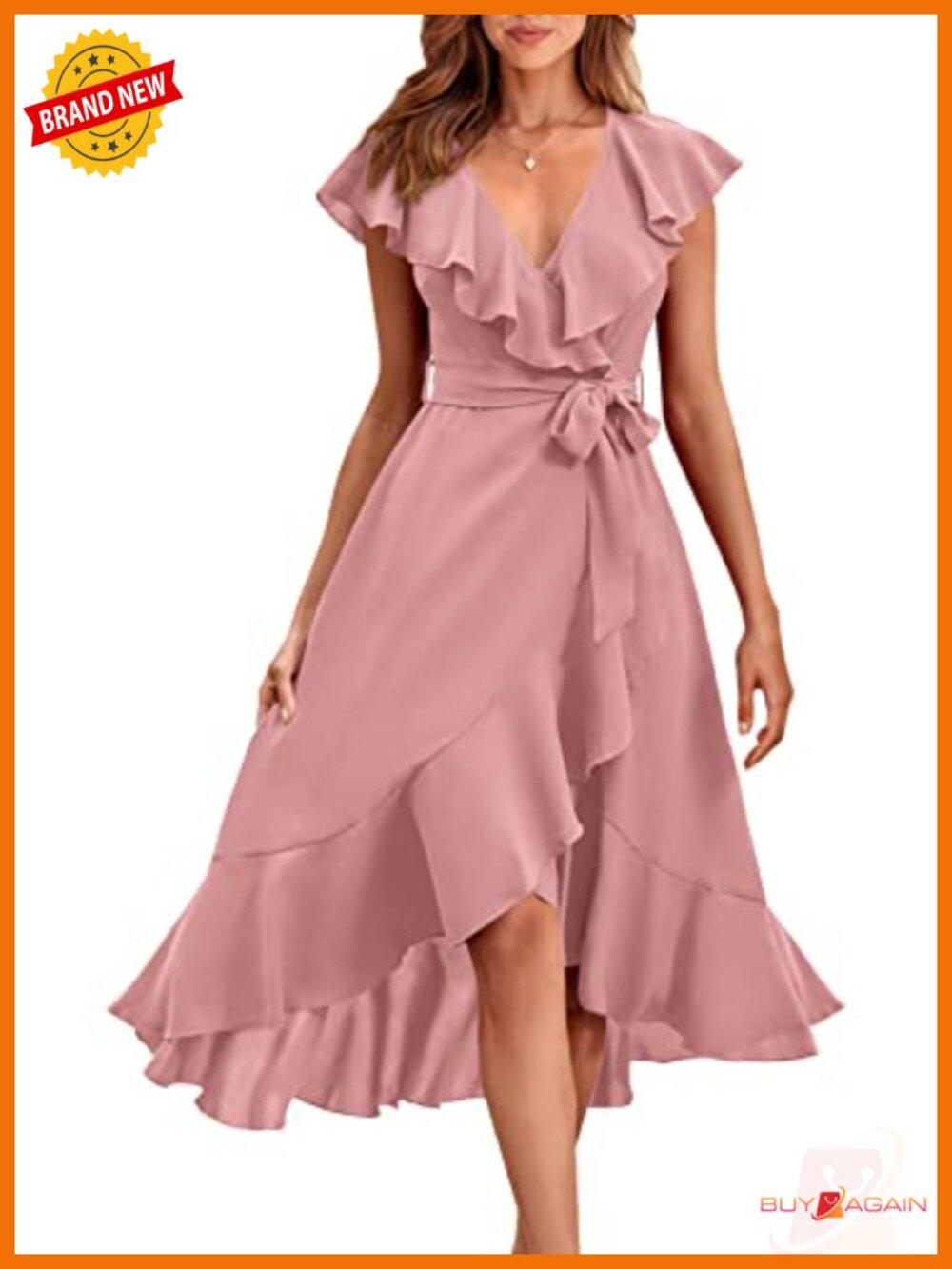 Women's Midi Dress Short Sleeve V-Neck Ruffle Hem Tie Waist Beach